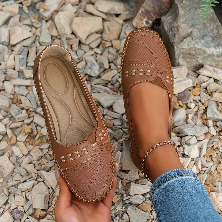 Womens Perforated Slip On Loafers with Flat Sole Support and Breathable Design