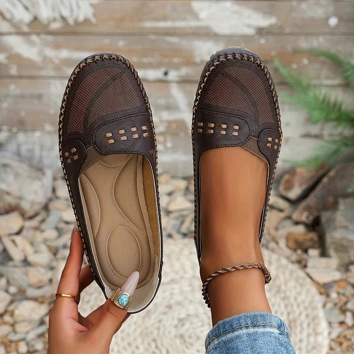 Womens Perforated Slip On Loafers with Flat Sole Support and Breathable Design