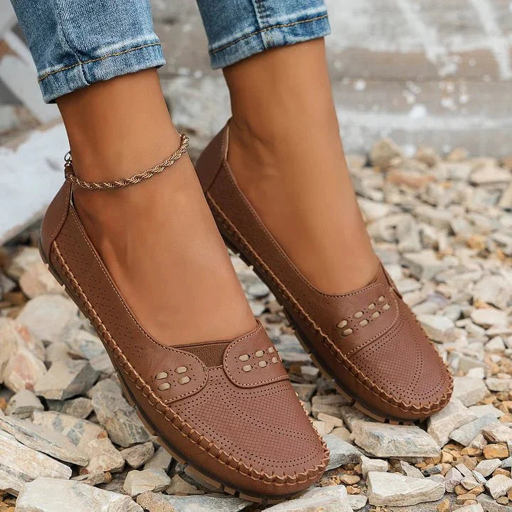 Womens Perforated Slip On Loafers with Flat Sole Support and Breathable Design