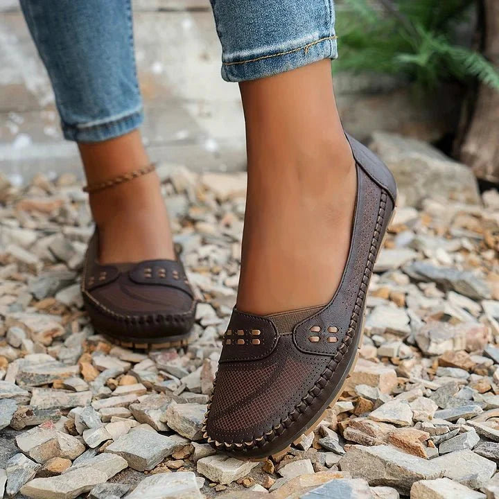 Womens Perforated Slip On Loafers with Flat Sole Support and Breathable Design