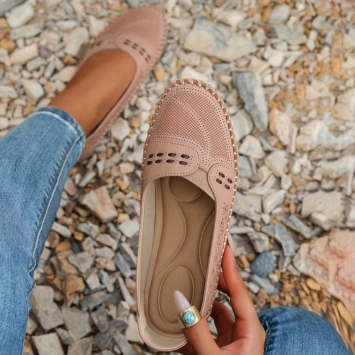 Womens Perforated Slip On Loafers with Flat Sole Support and Breathable Design