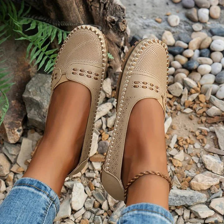 Womens Perforated Slip On Loafers with Flat Sole Support and Breathable Design