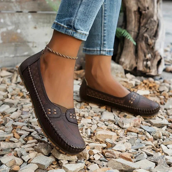 Womens Perforated Slip On Loafers with Flat Sole Support and Breathable Design