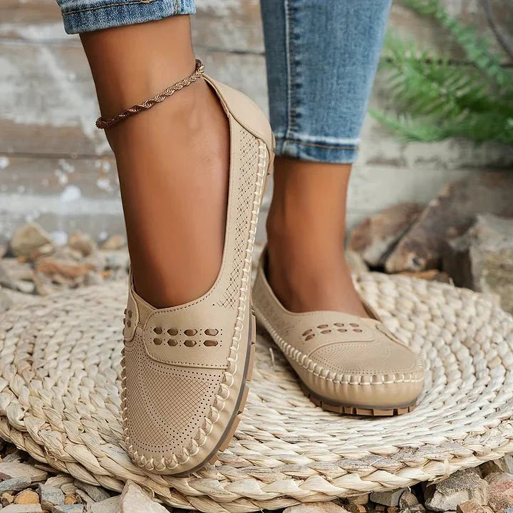 Womens Perforated Slip On Loafers with Flat Sole Support and Breathable Design