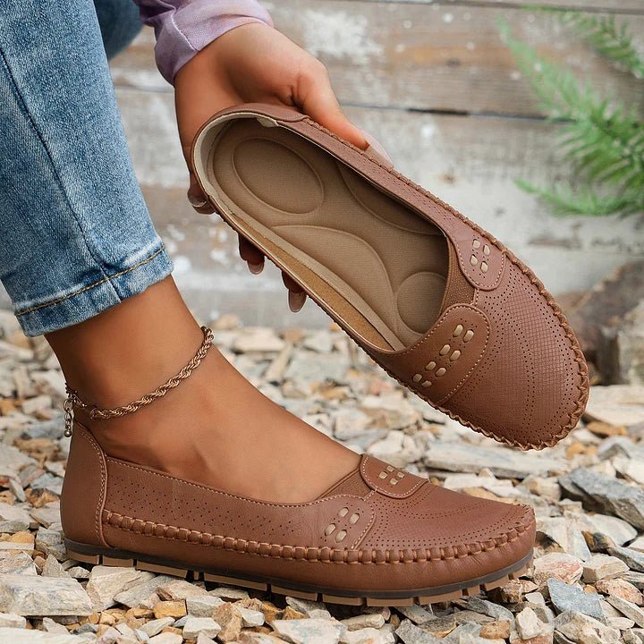 Womens Perforated Slip On Loafers with Flat Sole Support and Breathable Design