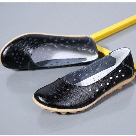 Wide Fit Leather Slip On Flats with Cushioned Insole and Arch Support