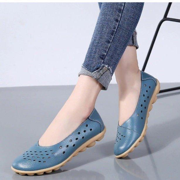 Wide Fit Leather Slip On Flats with Cushioned Insole and Arch Support