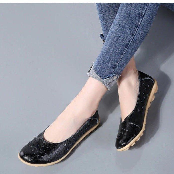 Wide Fit Leather Slip On Flats with Cushioned Insole and Arch Support