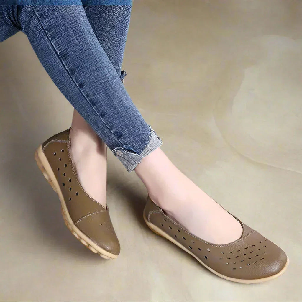 Wide Fit Leather Slip On Flats with Cushioned Insole and Arch Support