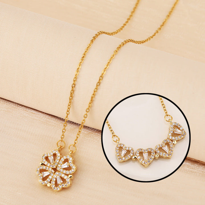 Four Heart Clover Pendant Necklace with Adjustable Chain and Gift Box